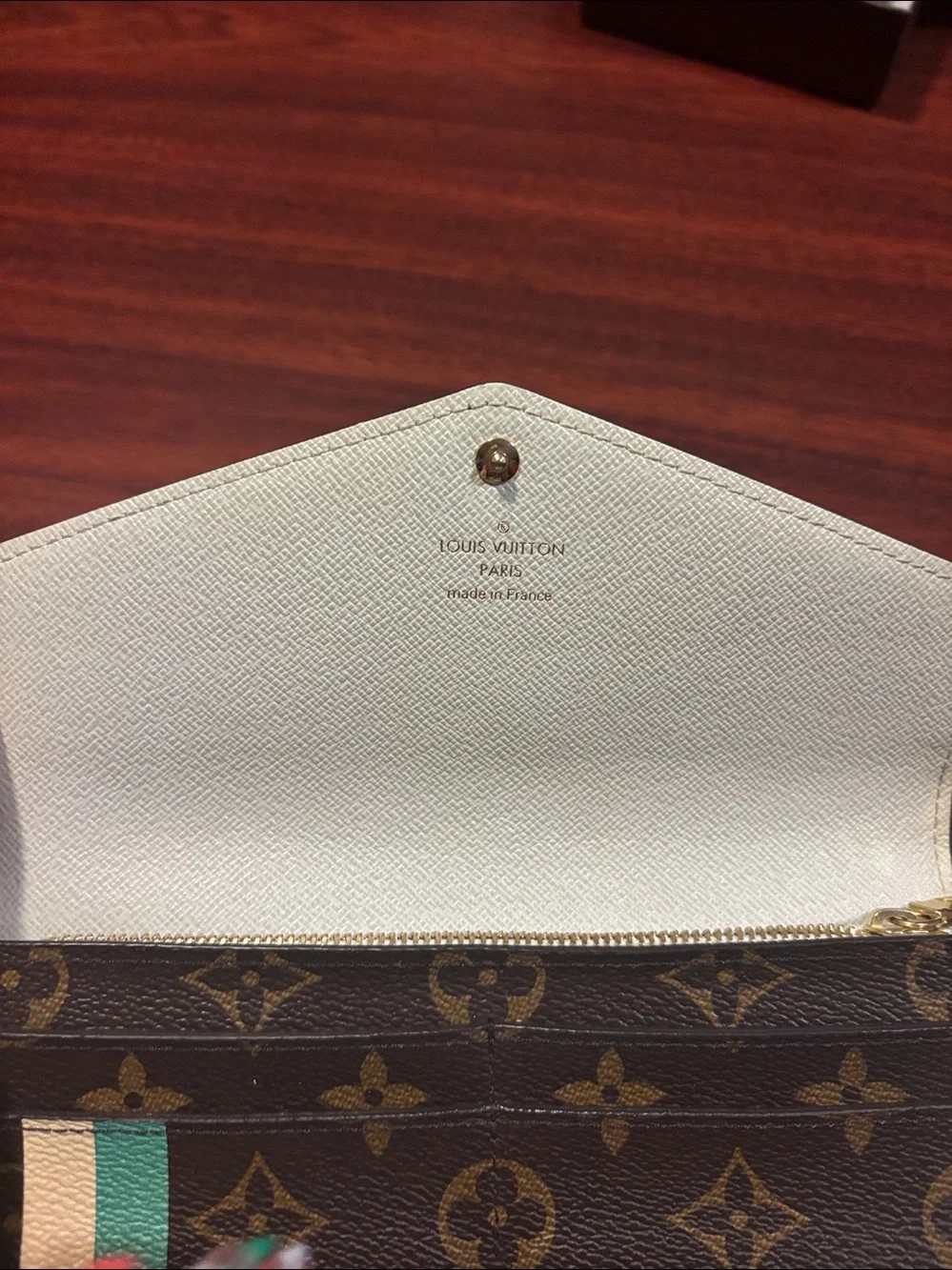 Louis Vuitton Brown Monogram Wallet with Green and Cream Stripes